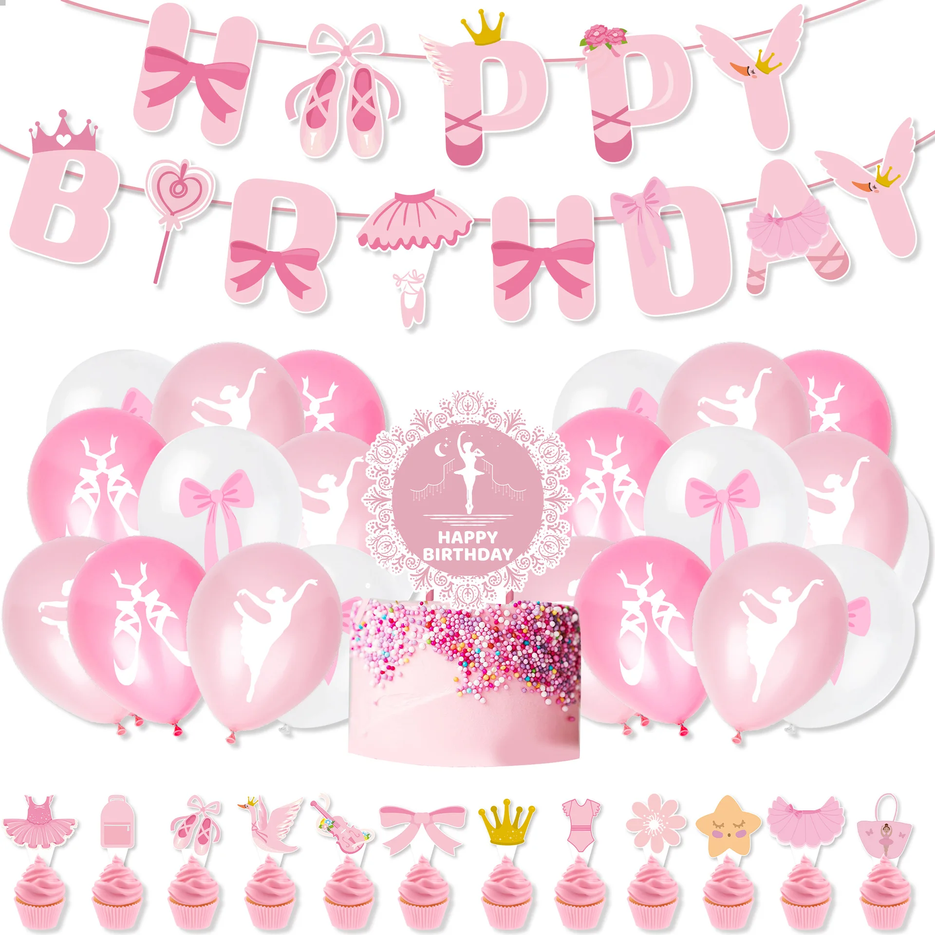Kids Outdoor Merry Go Round - Różowa balerina baletnica Happy Birthday Bunting